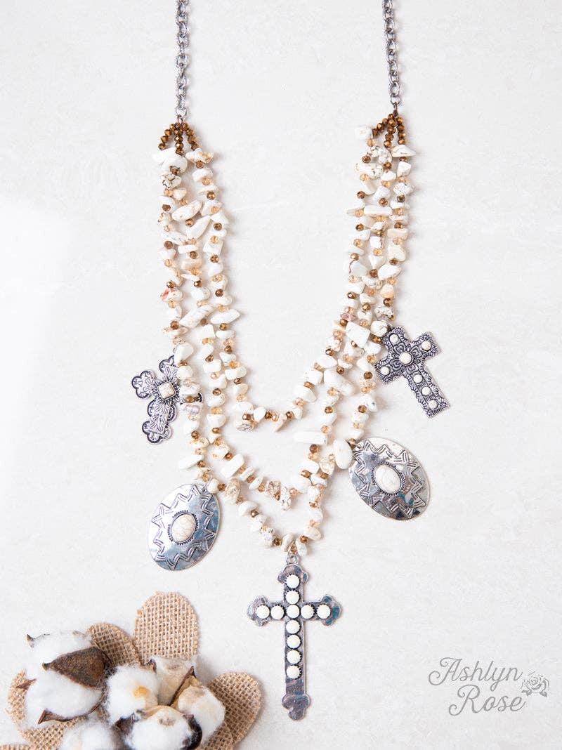 The Trinity Tri-Strand White Beaded Necklace with Silver & Copper Crosses