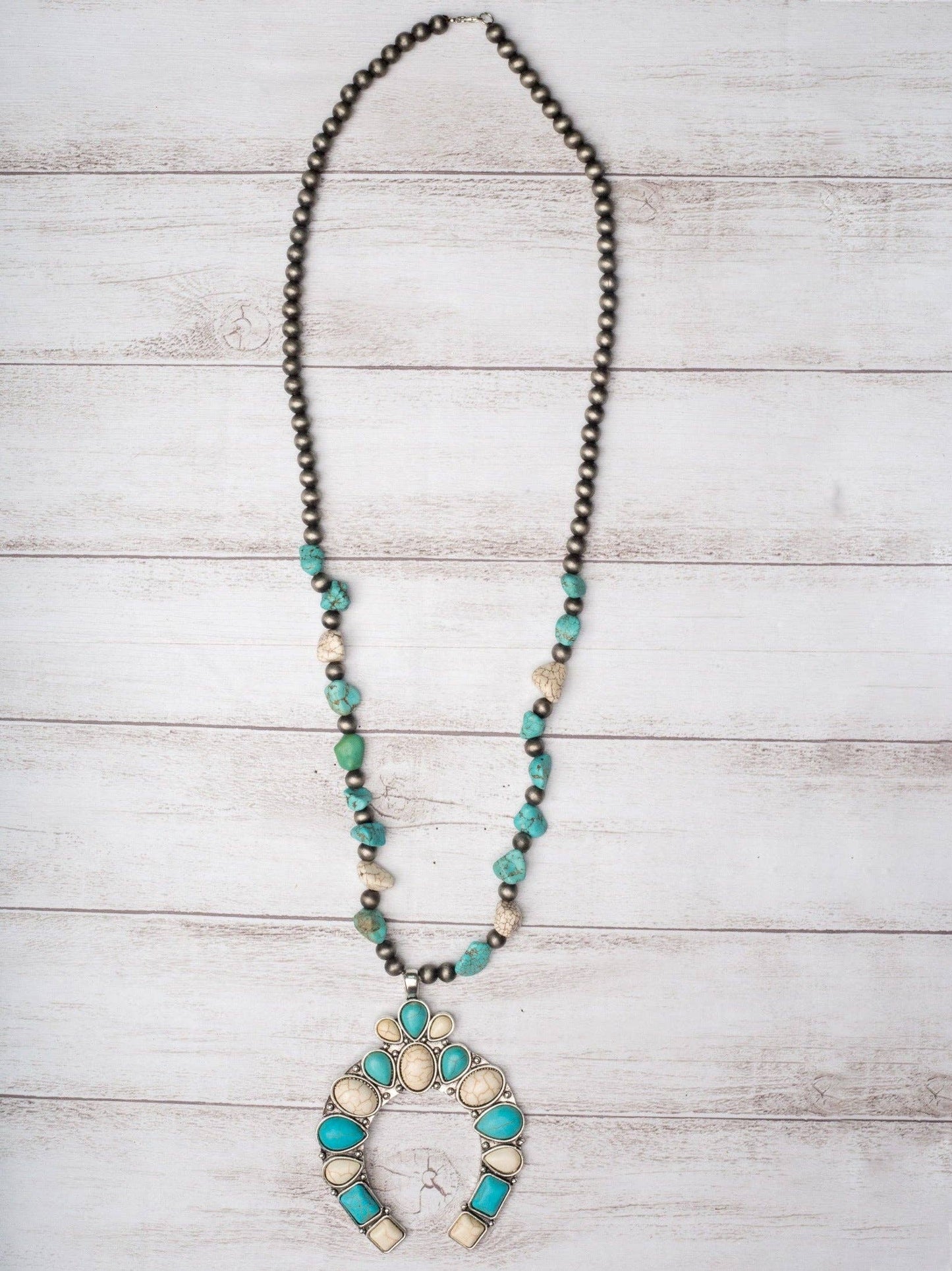 Don't Mess With Cowgirls Turquoise and White Squash Blossom Navajo Pearls Necklace