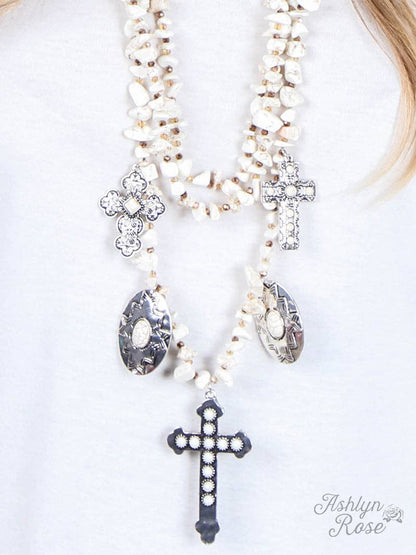 The Trinity Tri-Strand White Beaded Necklace with Silver & Copper Crosses