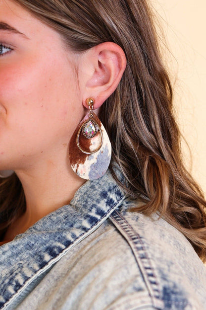 Space Cowgirl Pastel Cowhide Teardrop Crystal Stud Earrings