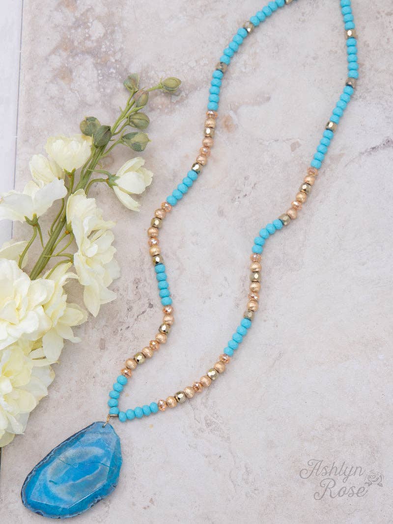 Blue Bell Beauty Beaded Necklace with Stone Pendant